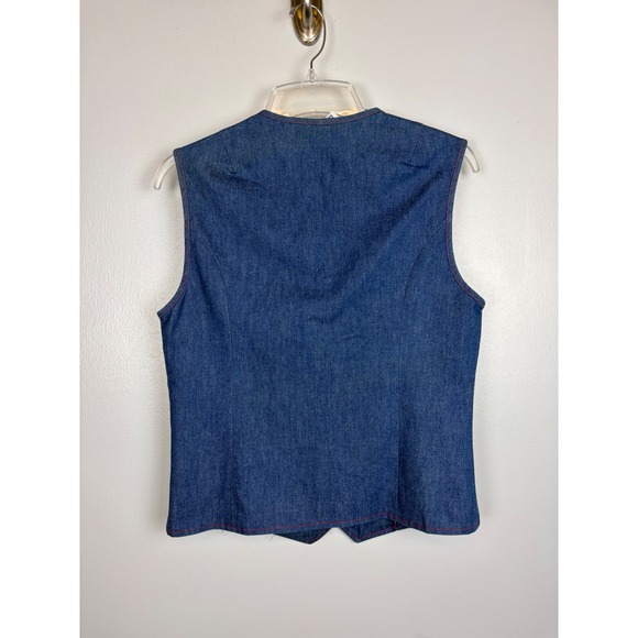 VTG 70s Joyce Blue Denim Vest Medium Red Stitching Shotgun Shell Buttons Western - Picture 4 of 8